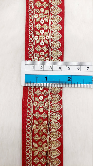 Maroon Red Art Silk Fabric Trim With Gold Floral Embroidery, Floral Sequins Sari Border, Trim By 9 Yards